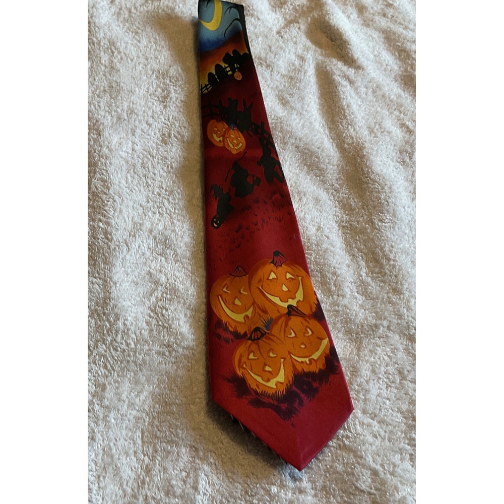 Unbranded Halloween Necktie Mens OS Red Excellent Jack O Lantern Witch Spooky
